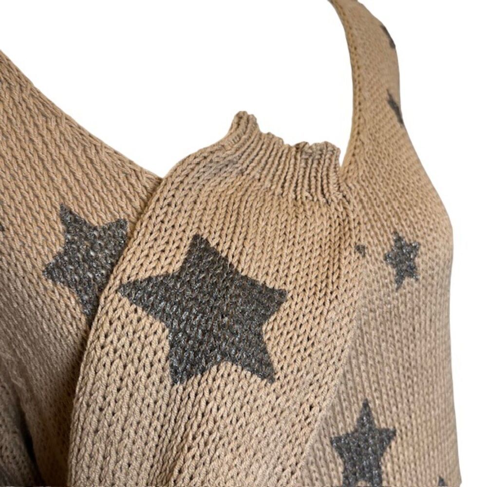 Wooden Ships Knit Sweater Natural‎ Tan Metallic Black Stars Oversized S/M - Picture 3 of 10